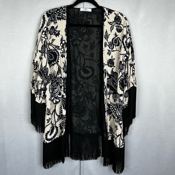 Women's EUC MNG Tan & Black Western Boho Floral Sheer Kimono Fringe Open One Sz - Picture 1 of 8